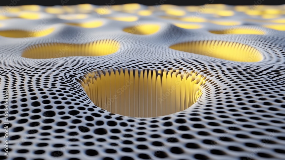Poster abstract 3d render of a textured surface with glowing holes and a lattice pattern