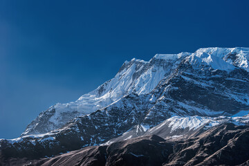 Mt. Annapurna III summit, view from Manang village. Annapurna circuit trek, Nepal.