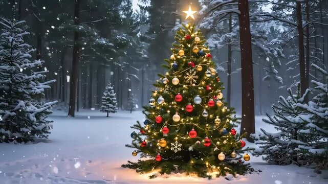 Christmas tree decorated in the snowy forest for a cozy festive winter scene