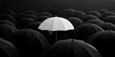 A single white umbrella stands out amidst a multitude of black umbrellas in a dimly lit setting, symbolizing uniqueness and standing apart from the crowd