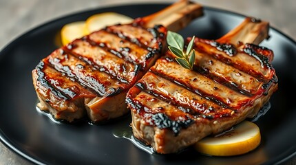 Grilled pork chops with sear marks served with apple slices and sage on a black plate
