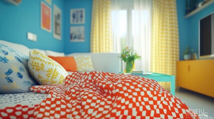 Bright, airy room with colorful bedding, pillows, and decor