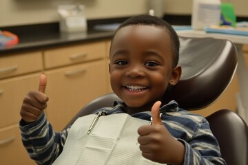 Happy African boy gives thumbs up from a dentist chair during dental checkup