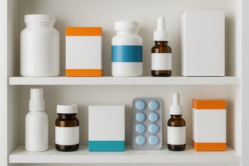 Assorted medicine packaging on shelf with blank labels ideal for pharmaceutical branding mockups and healthcare product templates