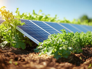 Hyper realistic photo of agrivoltaics with solar panels integrated into agricultural fields, illustrating the concept of renewable energy and ESG 2050 carbon neutrality, crops, innovation