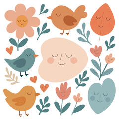 Soft pastel cartoon illustration of birds, flowers, hearts, and abstract smiling faces with closed eyes. Calm and peaceful design with natural colors and gentle shapes. 