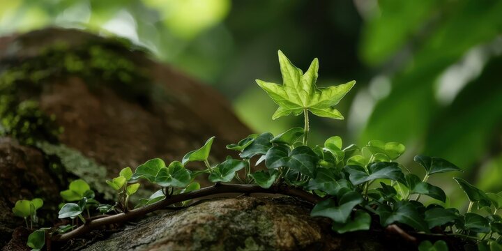 Sunlit ivy vine creeps over a mossy rock, its glossy heart-shaped leaves framing a tender red-tipped bud that symbolizes vibrant forest renewal. - Powered by Adobe