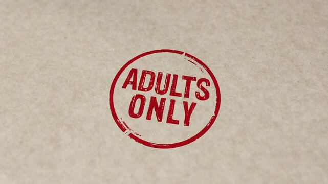 Adults only 18 plus age prohibition stamp and hand stamping impact animation. Under eighteen restricted 3D concept. 