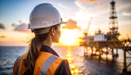 Engineer offshore sunset oil rig.