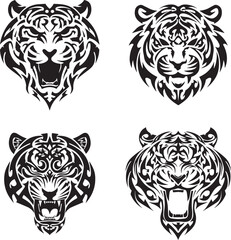 Set of Tribal Tiger Head Tattoo Designs. Fierce Black Vector Art Collection
