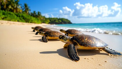 Sea turtles walk beach with tropical.
