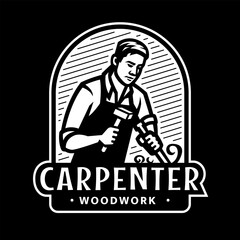 Carpenter with chisel and hammer logo, emblem on dark background.