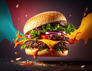 Flying Burger with Ingredients in Mid-Air  Colorful Fast Food Concept on Vibrant Background