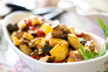 Roasted Squash and Zucchini in White Bowl