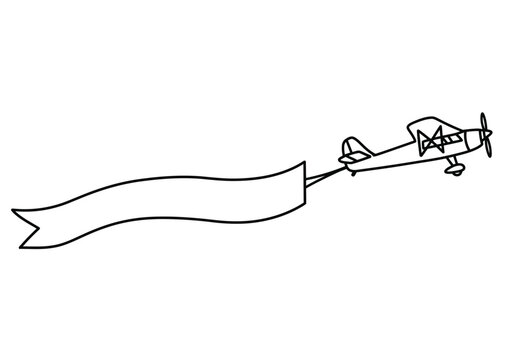 Airplane with banner drawing. It is a black and white outline image of a small airplane towing a blank banner, ready for a message or advertisement. Vector sketch line art draw.