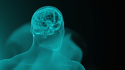 Transparent human figure with glowing brain on dark background with copy space