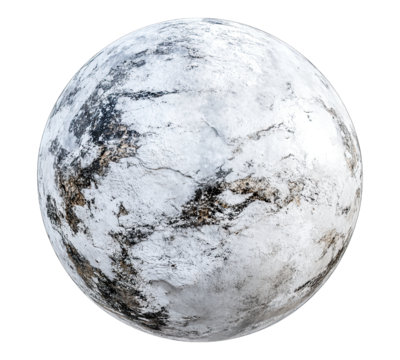 A white and grey planet with a rocky surface
