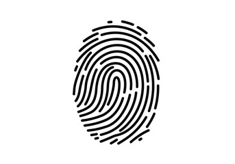 Fingerprint drawing. It is a black and white outline image of a detailed fingerprint, commonly used for biometric identification. Vector sketch line art draw.