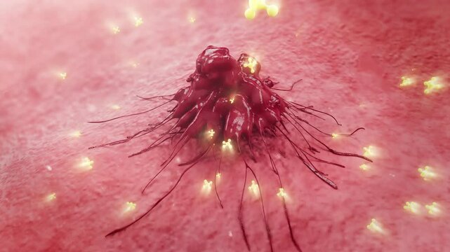Drug molecules remove tumors and inhibit the growth of cancer cells. Through radiotherapy, chemotherapy and targeted drug treatment methods, tumors and polyps are eliminated. 3D animation.