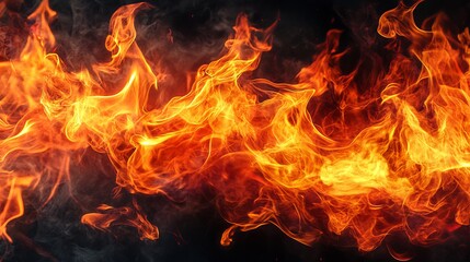 A dramatic close up of bright orange flames with dark smoke billowing in the background creating depth