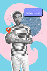 Zine creative vertical photo collage of astonished sailor man hold globe geolocation route ocean swimmer summer vacation