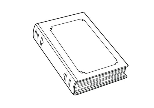 Book cover drawing. It is a black and white outline image of a closed book with a decorative framed cover, depicting a classic novel or textbook. Vector sketch line art draw.