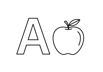 A for apple drawing. It is a black and white outline image featuring the uppercase letter "A" next to an apple, an educational illustration. Vector sketch line art draw.