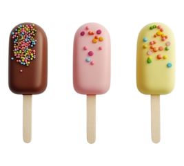 Three ice cream sticks with colorful sprinkles on top