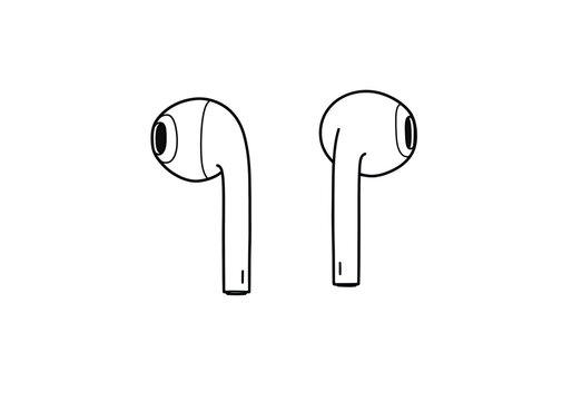 Earpods drawing. It is a black and white outline image depicting a pair of earpods or earbuds, used for listening to audio. Vector sketch line art draw.