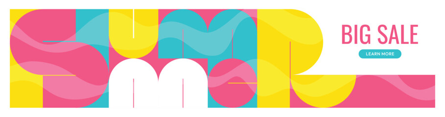 Colorful wide horizontal summer sale web banner with abstract geometric text, lettering.