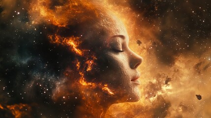 Obraz premium A woman's profile merging with a nebula of fire and stars creating a surreal cosmic portrait
