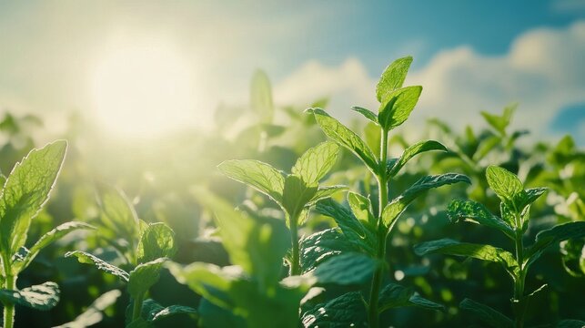 A field of green plants under a bright sun and a blue sky with scattered clouds in the background