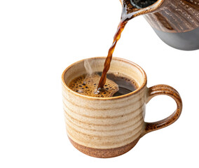 A tasty coffee being poured into a rustic ceramic mug isolated on a transparent background png drinks design 