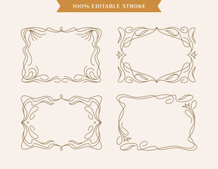 Horizontal ornate frames set in retro style. Modern Art Nouveau design elements, logo, label, floral borders with editable stroke.