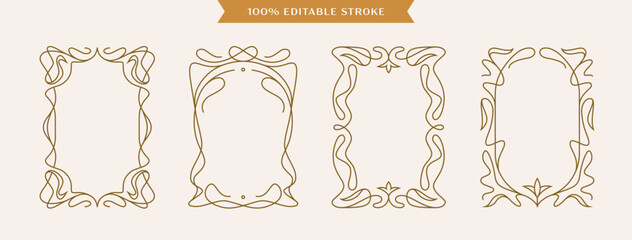 Vertical ornate frames set in retro style. Modern Art Nouveau design element, logo, label, floral border. Editable stroke.