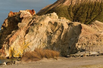 View of volcanic formations at sunset on Vulcano island. Aeolian (Lipari) islands. Italy. Europe.