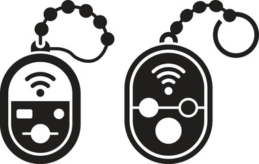 Minimalist Monochrome Illustration of Two Remote Controls with Distinct Button Layouts and Chains