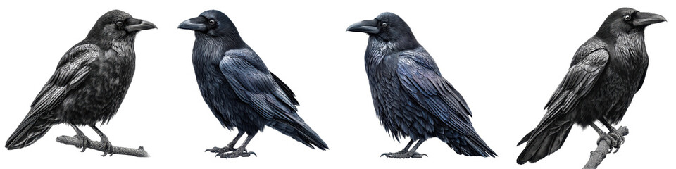 Fototapeta premium black crow perched sharp detailed feathers isolated on Transparent Background 