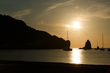 View of La Baia Negra beach at sunset on Vulcano island. Aeolian (Lipari) islands. Italy. Europe.
