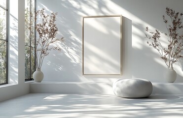 Minimalist room mockup with blank frame and floral decor

