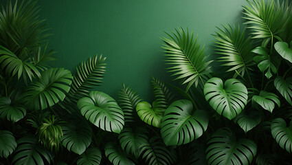 Lush Green Tropical Foliage Background with Monstera and Palm Leaves