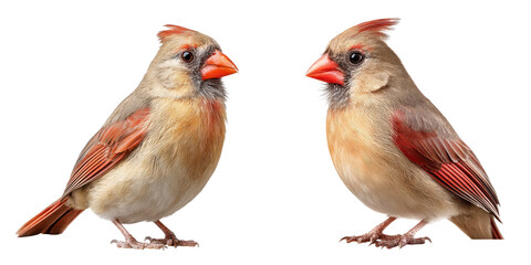 female cardinal bird perched, soft brown and red feathers, isolated on Transparent Background 