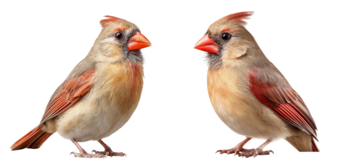 female cardinal bird perched, soft brown and red feathers, isolated on Transparent Background 