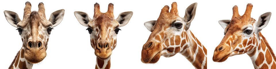 giraffe head close up, tall animal face, long neck, natural colors, isolated on Transparent Background 
