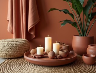 Scene with woven pouf, tray with candles, Warm Clay textiles, jute rug