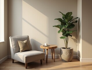 Corner with low chair in Sandstone fabric, wooden table, natural-textured wall, plant in concrete pot