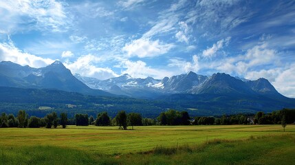 Fototapeta premium Beautiful summer landscapes, sunny green meadows below the mountains, dense forests and blue skies. High-quality, detailed, high-resolution views.