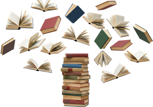 Stacked books and floating open books representing education and knowledge Isolated on transparent background