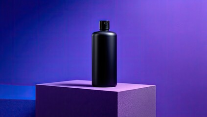 A matte black bottle sits on a purple cube against a vibrant purple backdrop; minimalist product photography