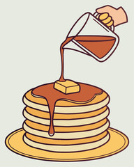 Hand Pouring Syrup on a Stack of Pancakes